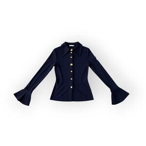 Orbit Button-Front Shirt with Flared Sleeves – Navy Blue – Commense Size XL